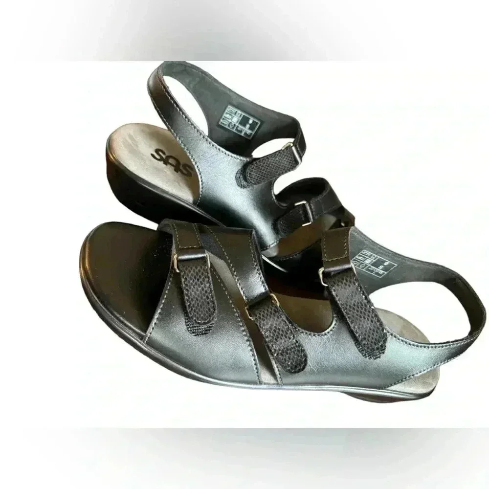 SAS Black Sandals Work Shoes Comfort Adjustable Leather Heels Extra Toe Room